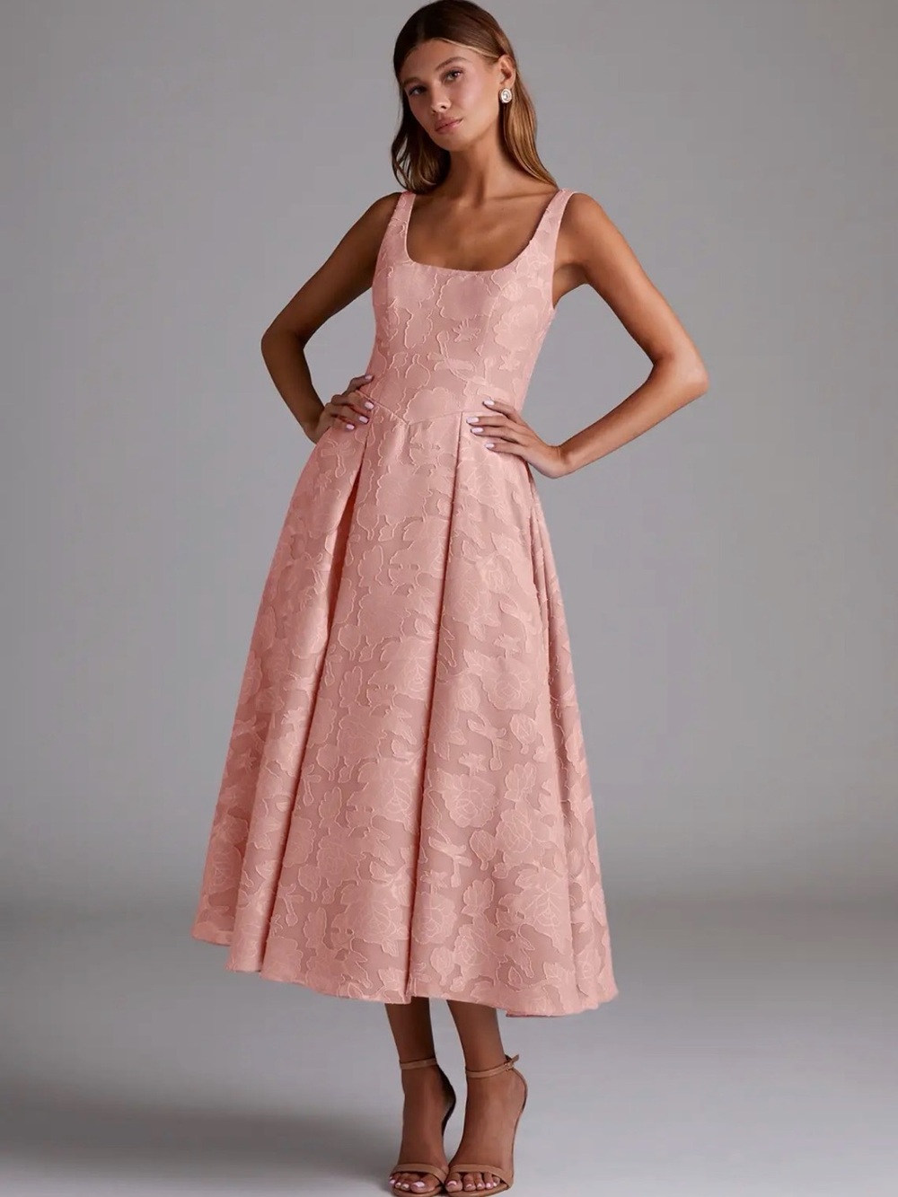 Azazie Blush Pink Floral Jacquard Midi Dress
